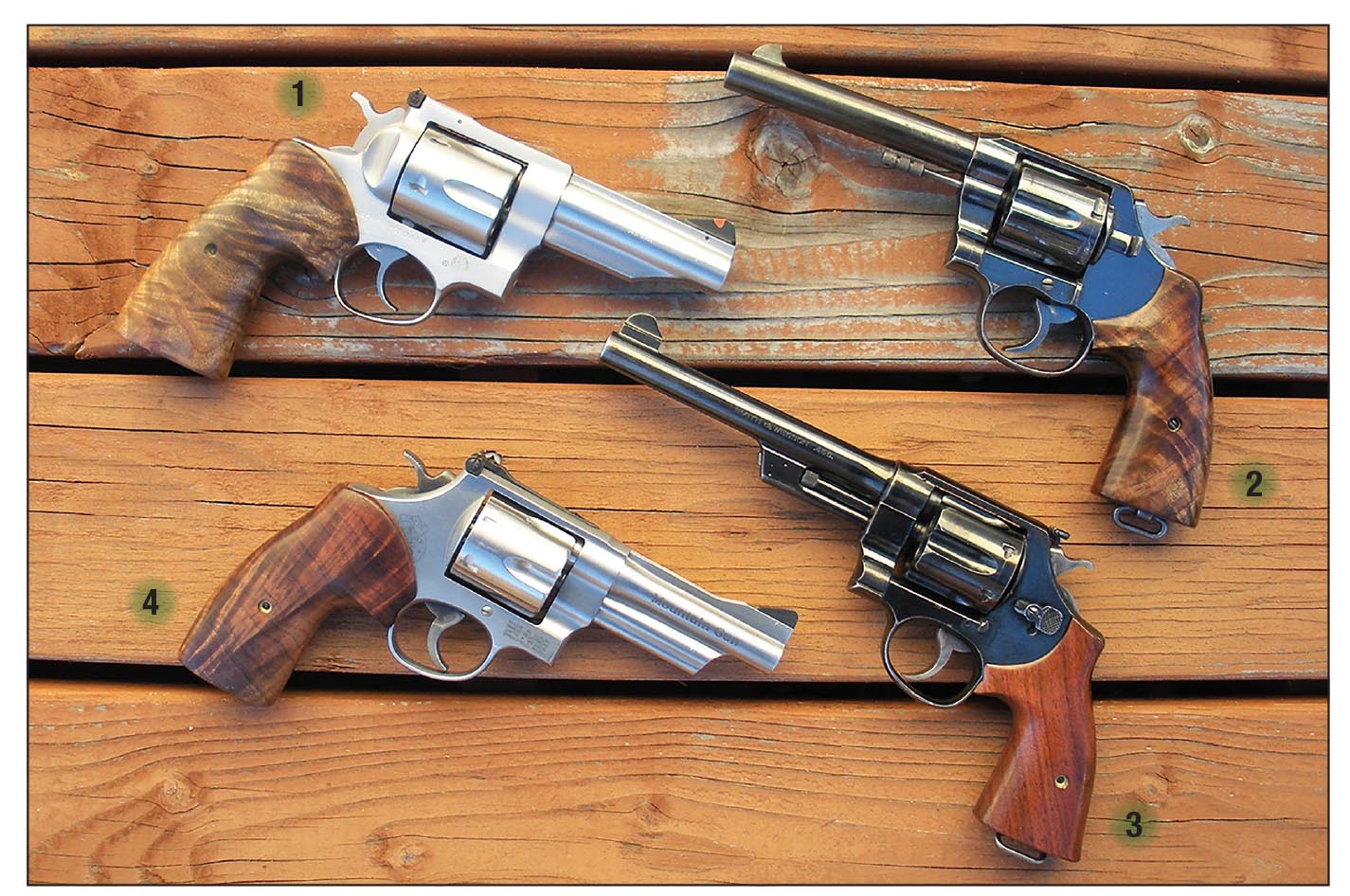 Double actions include a (1) Ruger Redhawk .4515-plus (chamber throat) and .451 (barrel groove); (2) Colt New Service “Navy” Model 1909, .457 and .454; (3) Smith & Wesson New Century, aka Triple Lock, .456 and .455 and (4) Smith & Wesson Model 25-6 Mountain Gun, .451-plus and .451.